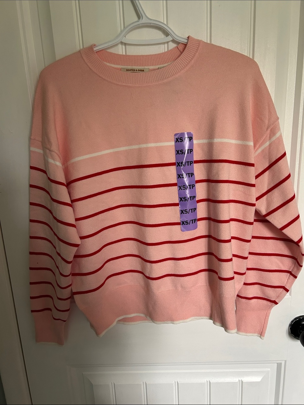 Scotch & Soda Pink Crewneck Sweater with Red Stripes